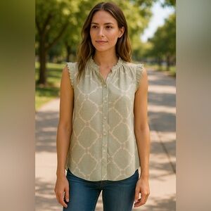 Joie Sleeveless Ruffle Collar Paisley High-Low Blouse Women’s Small Cream/Green